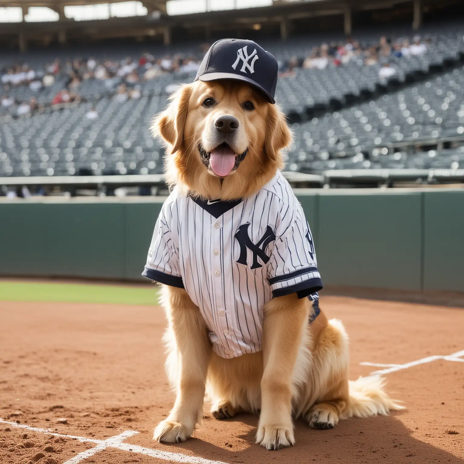 A golden retriever dressed in a New York Yankees uniform, standing in a baseball stadium ready to hit a pitch, holding a bat, with a matching team cap on; capture the poised moment right before the swing.