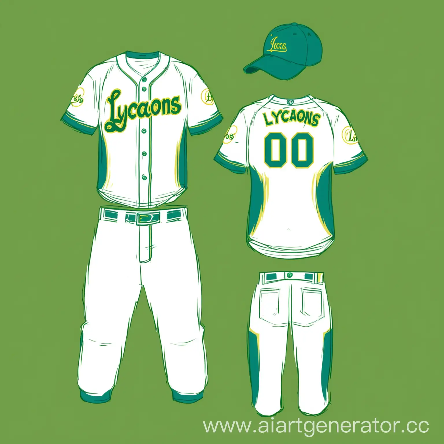 Бейсбольная форма белого цвета с логотипом "Lycaons" и акцентами жёлтого, зелёного, и синего цвета.