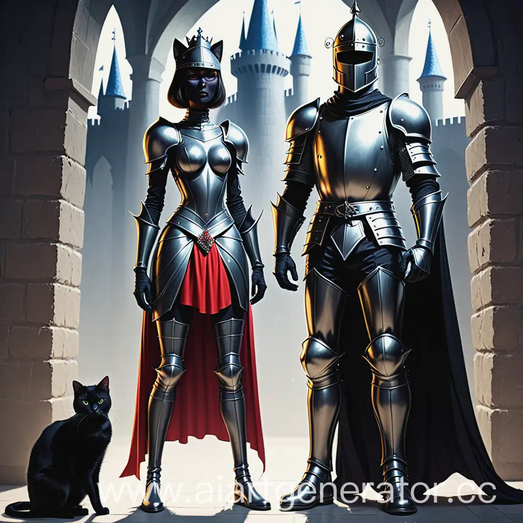 Высокий рыцарь-мужчина в шлеме, Принцесса Ксюша и черная кошка Мистерия