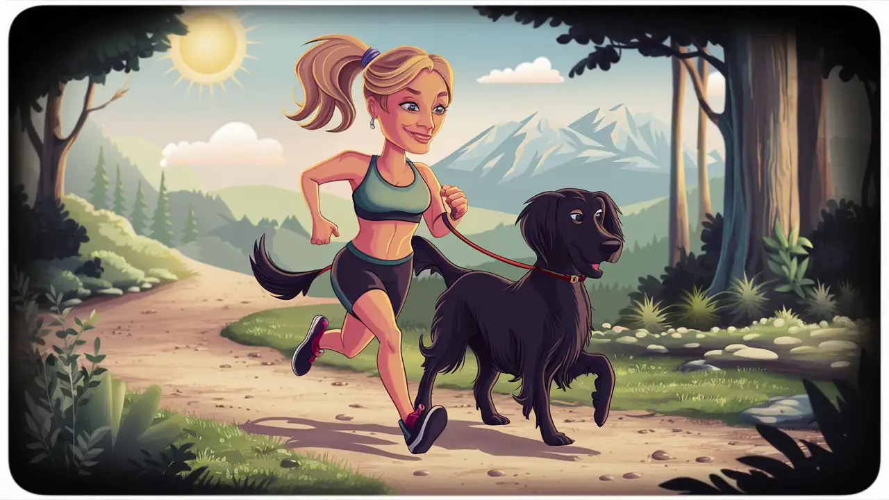 A woman in her 50s, athletic figure, blond hair in a ponytail, runs along a forest path with her black long-haired retriever. It's sunny weather, mountains in the background.
Create the image as a cartoon