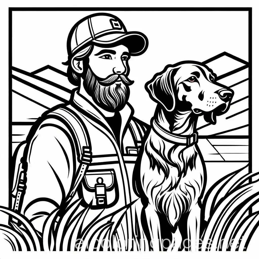German wirehair pointer hunting with owner who has a beard and a baseball cap on, Coloring Page, black and white, line art, white background, Simplicity, Ample White Space. The background of the coloring page is plain white to make it easy for young children to color within the lines. The outlines of all the subjects are easy to distinguish, making it simple for kids to color without too much difficulty
