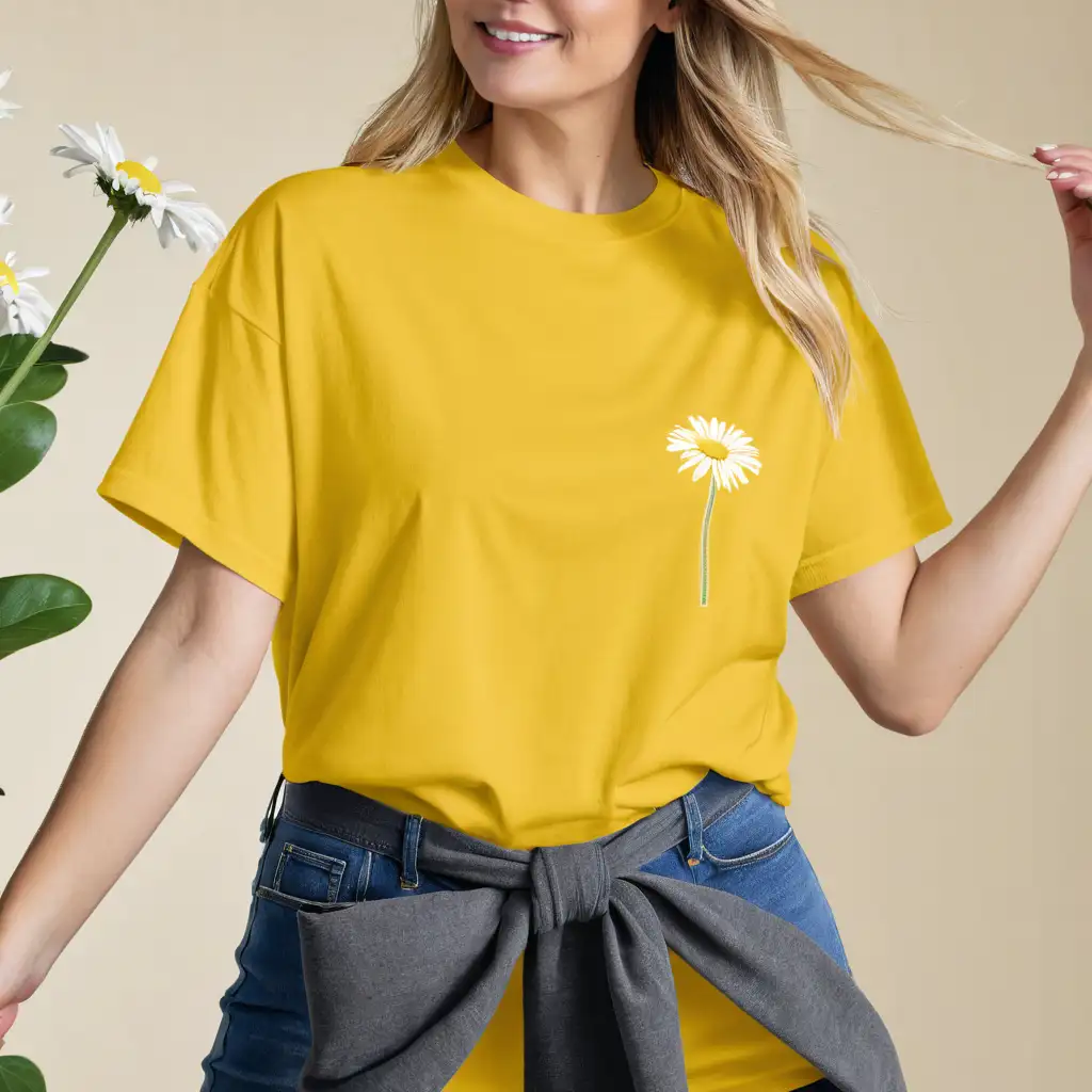 Blonde woman wearing gildan 5000 daisy yellow oversized t-shirt mockup, wearing jeans, with flowers on the background, body facing front