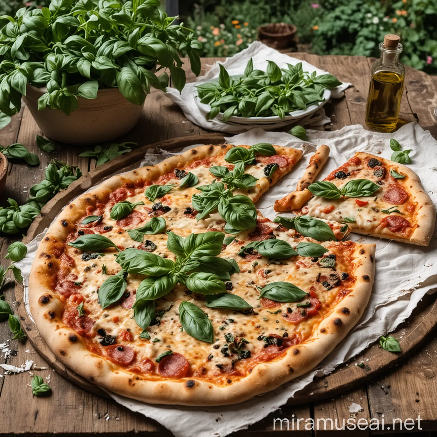 pizza na bardzo starym stole, 2 talerze, a na nich pizza, wokół dużo roślin (bazylii)  w tle oliwa z oliwek, serwetki kwiaty, zdjęcie zrobione za osobą jedzącą pizze. 