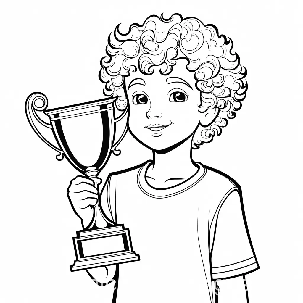 little boy with blonde curly hair holding a first place trophy
, Coloring Page, black and white, line art, white background, Simplicity, Ample White Space. The background of the coloring page is plain white to make it easy for young children to color within the lines. The outlines of all the subjects are easy to distinguish, making it simple for kids to color without too much difficulty