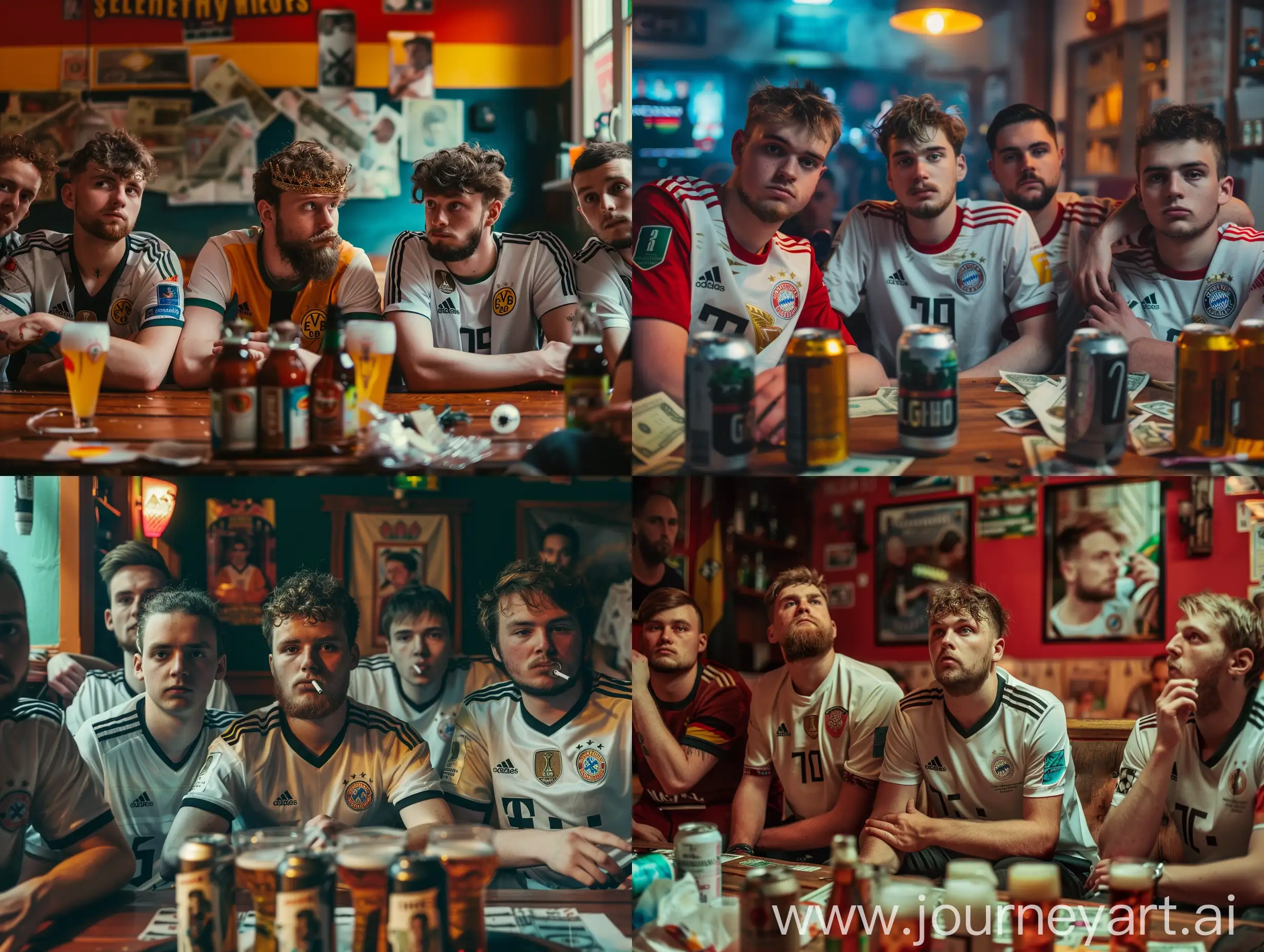 A high angle medium shot of 5 well-dressed young men aged 19-21 sitting in a pub, wearing Germany jerseys, watching a Euro Cup match. On the table in front of them are numerous banknotes. On the far left, Gelukas, with a brown beard and thinning hair, has a snus under his upper lip, and in front of him are his car keys and a snus can. Next to him is Geleon, who is slightly overweight, also with a snus under his upper lip and smoking a vape, with his Mercedes keys in front of him. In the golden middle sits the centerpiece, Âghâ, with a crown on his head, sitting on a throne, with a black beard, six beers in front of him, and smoking a joint. Next to him is his friend Seige, a lightskin boxer, with six beers in front of him, also smoking a joint. Beside Seige sits Konsti, with six beers in front of him and a snus under his upper lip, resembling a chameleon. The pub is lively with dim lighting, and the atmosphere is festive. Shot with a Canon EOS-1D X Mark III, 50mm f/1.4 lens, vibrant colors