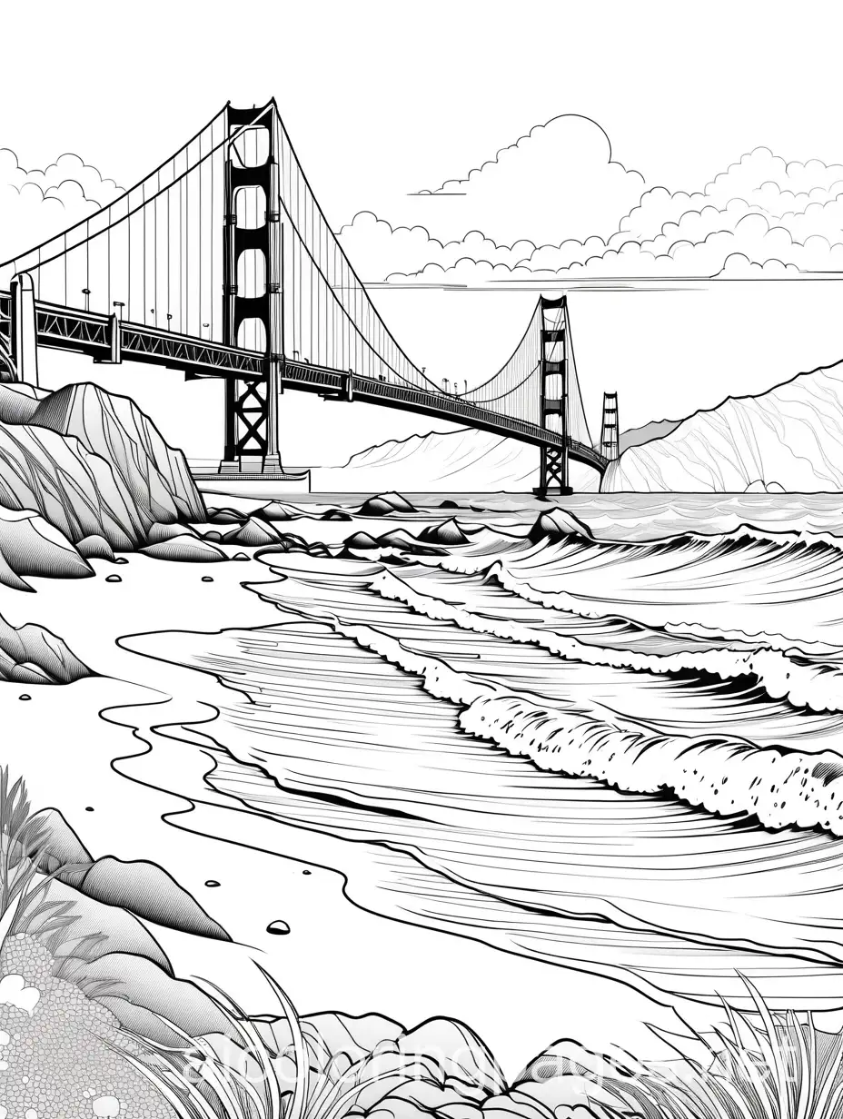 san francsico baker beach, Coloring Page, black and white, line art, white background, Simplicity, Ample White Space. The background of the coloring page is plain white to make it easy for young children to color within the lines. The outlines of all the subjects are easy to distinguish, making it simple for kids to color without too much difficulty