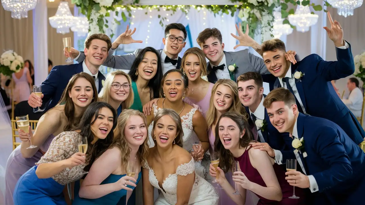 Erstelle mir ein Gruppenfoto von jungen menschen die ausgelassen auf einer Hochzeit für ein Foto Posieren