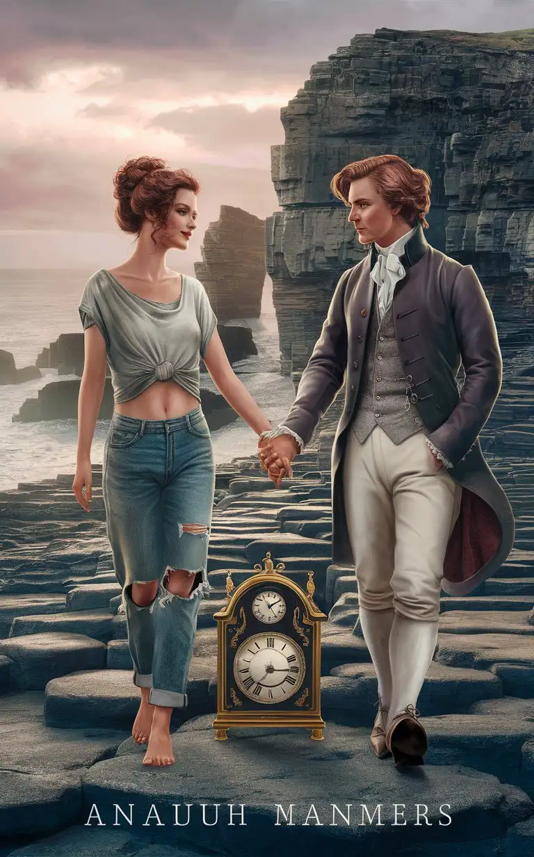 A cover picture that beautifully captures the essence of two eras for a book. A beautiful, magical photo of love depicts an eighteenth beautiful woman and a handsome young man holding hands, looking at each other with tenderness at the wonderful cliffs of Giant's Causeway in Northern Ireland. A woman, dating from the 21st century, is dressed in contemporary clothes - torn jeans and a loose T-shirt. The man representing the Edwardian era, is wearing a sleek, Edwardian outfit that reflects the fashion and manners characteristic of the early 20th century. Between them is an old antique clock, symbolizing time travel. There will be no texts, author names or titles on the cover