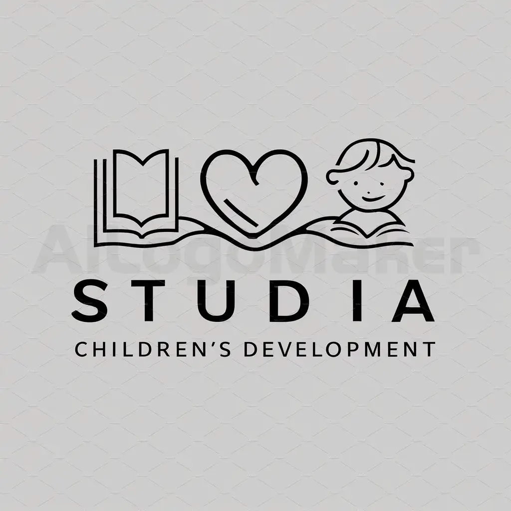 a logo design,with the text "Studia children's development", main symbol:heart, book, child,Moderate,be used in Education industry,clear background