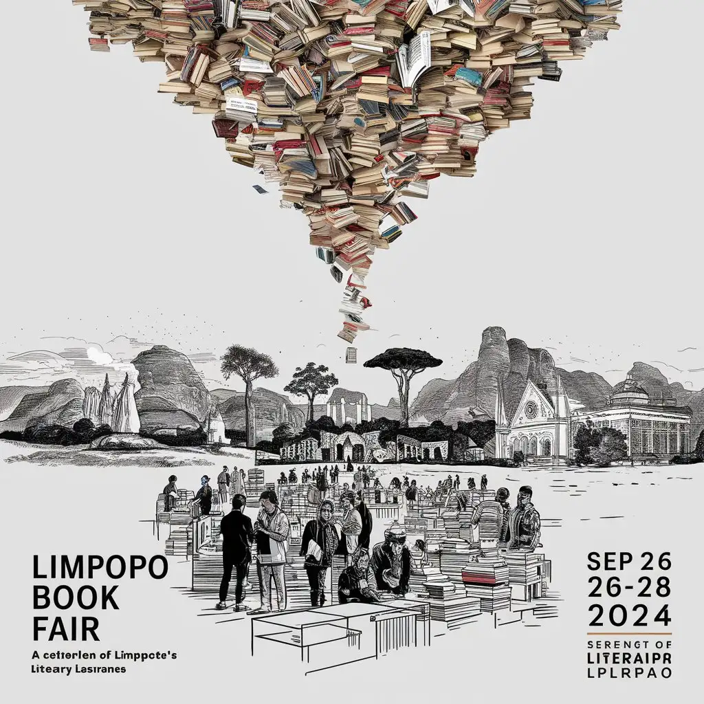 Create a minimalistic vibrant and eye-catching save the date poster for the Limpopo Book Fair, an annual literary event celebrating the rich cultural heritage and diverse languages of the Limpopo province. books falling from the sky into the landscape of Limpopo into the peoples hands. Incorporate elements like open books, pen and ink illustrations, and iconic landmarks or landscapes from Limpopo province. people standing around at a book fair reading books, The poster should prominently display the event dates of September 26-28, 2024, and the tagline 'A Celebration of Limpopo's Literary Landscape. full colors