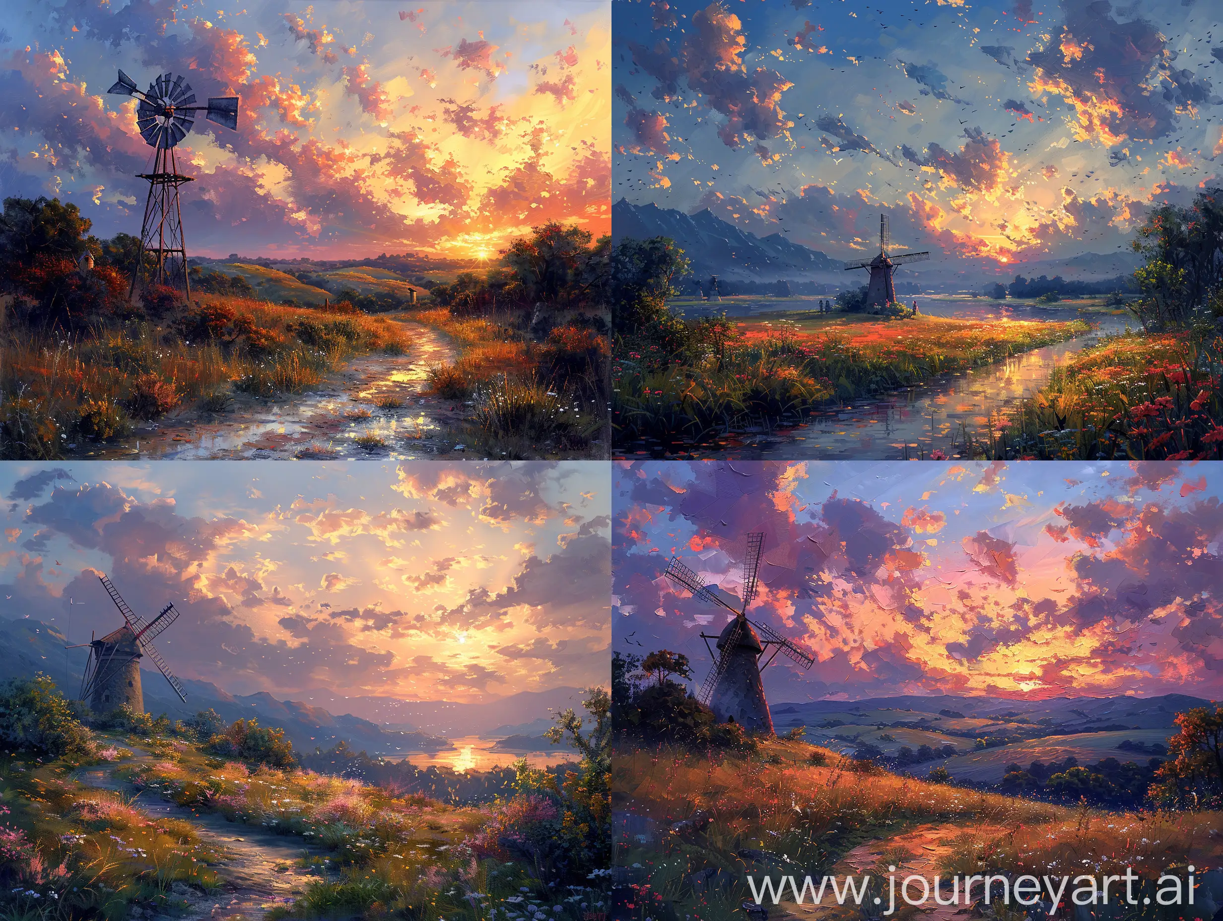 a Realistic oil painting of a pieceful setting. Hills, a windmill, beautiful sky. colorful. 3D. UHD. Super HDR. --s 1000