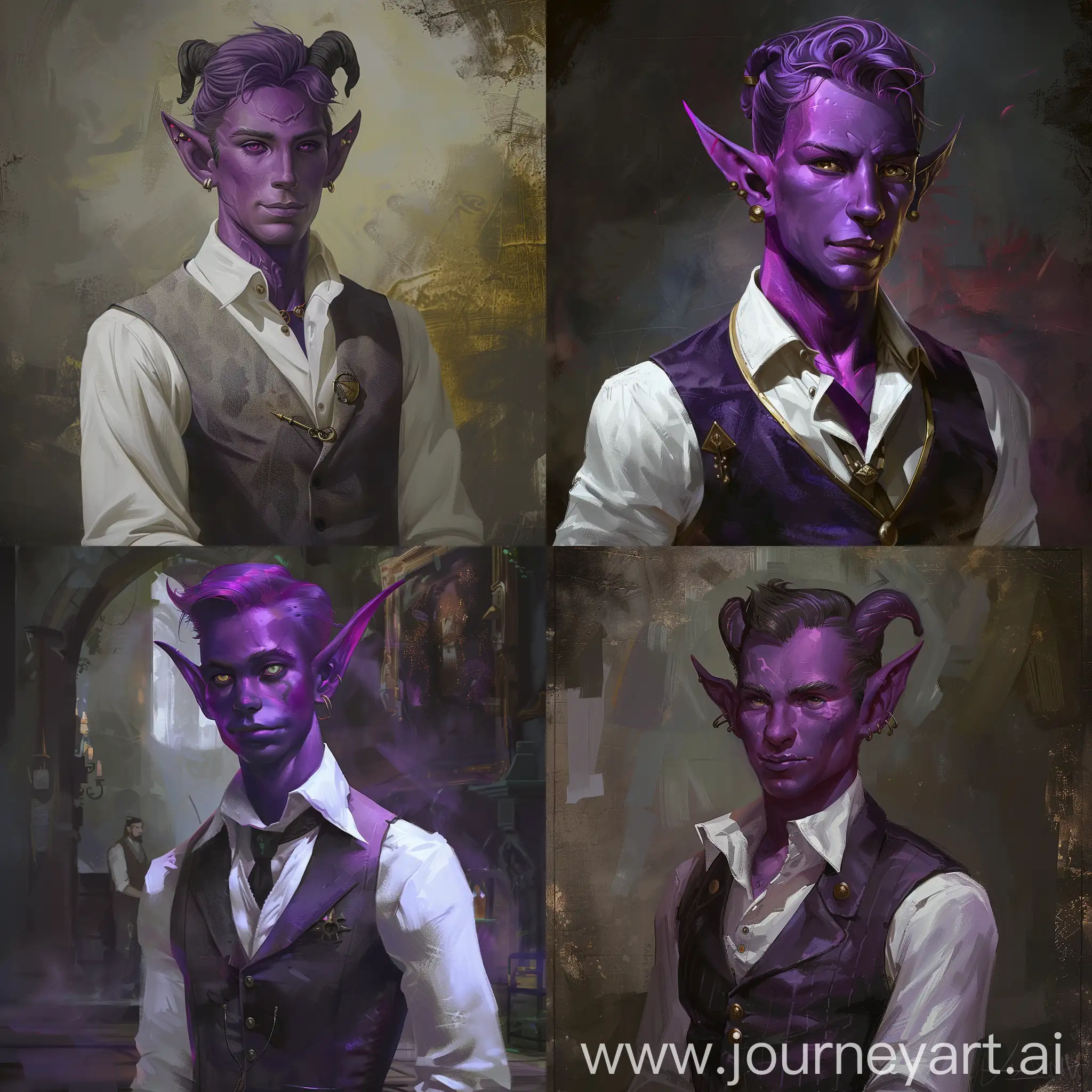 
D&D portrait. A young tiefling male artificer with violet skin, dressed in suit vest and white shirt.