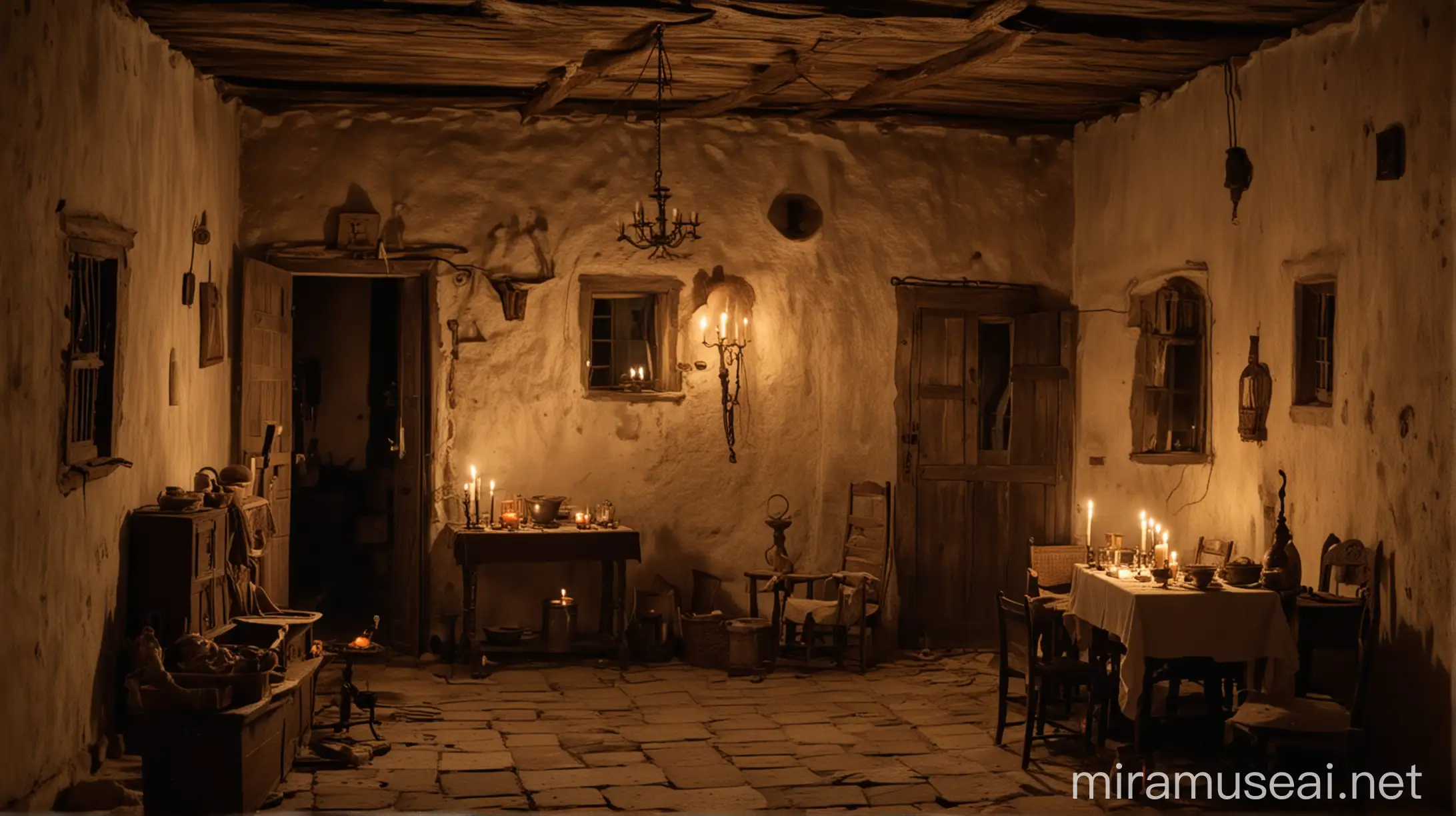 El interior de una casa judía durante el año 30 D.C por la noche. Todo el lugar está iluminado por una luz de vela. La casa es de personas con pocos recursos y no tiene tantos adornos