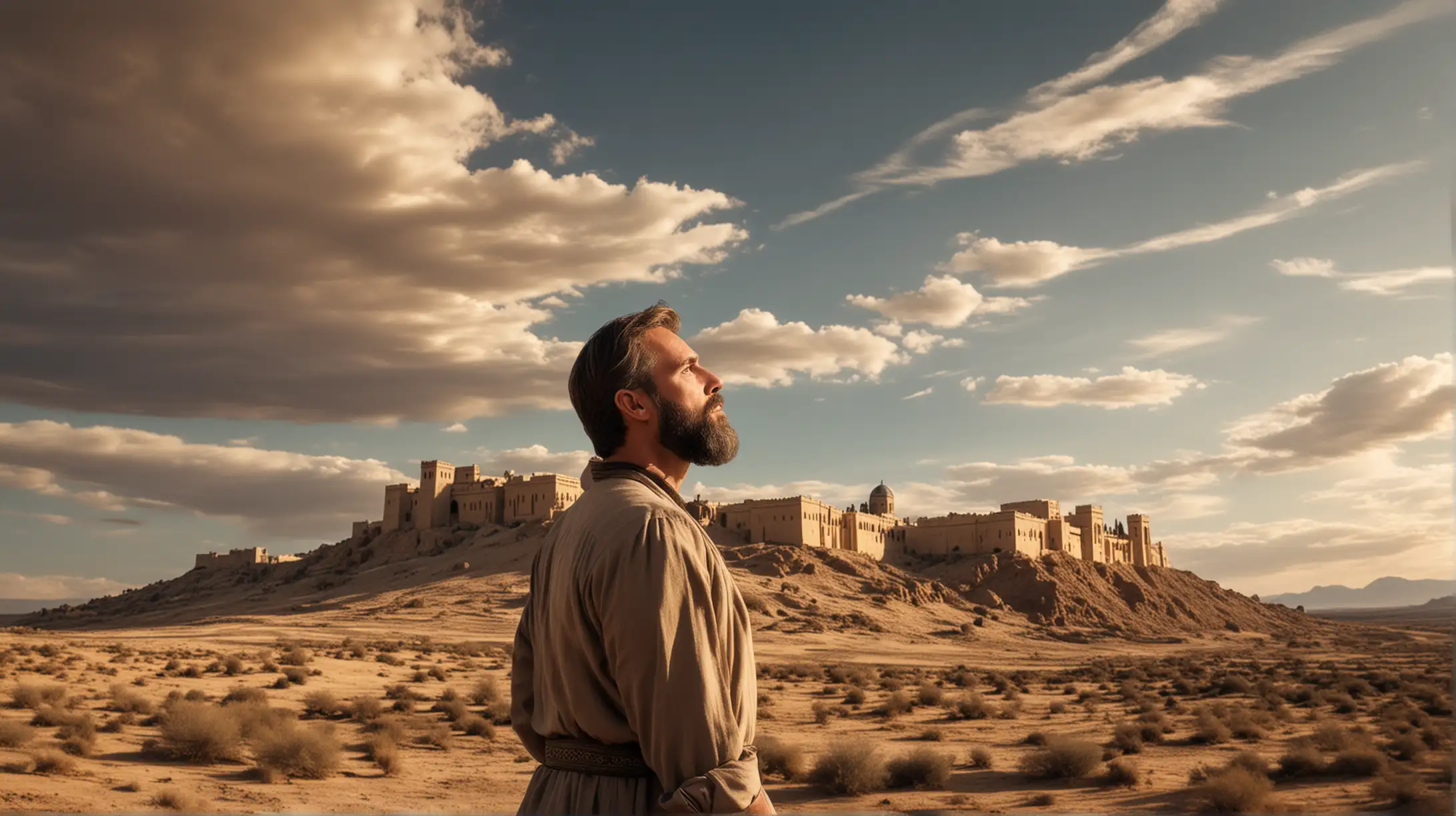 Biblical Era Wealthy Man Contemplating Sky near Palace