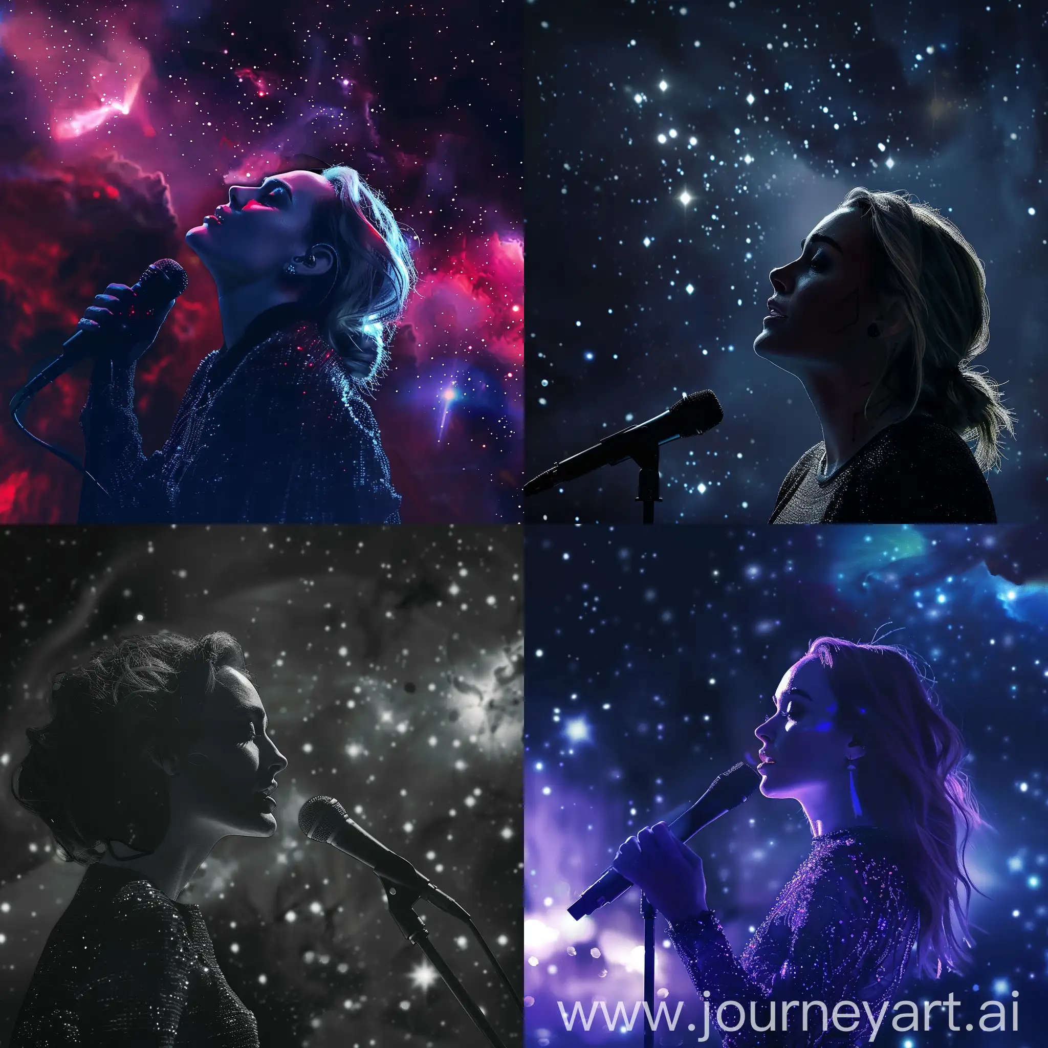 Skinn, Adele, sings a song, at a microphone, in space.