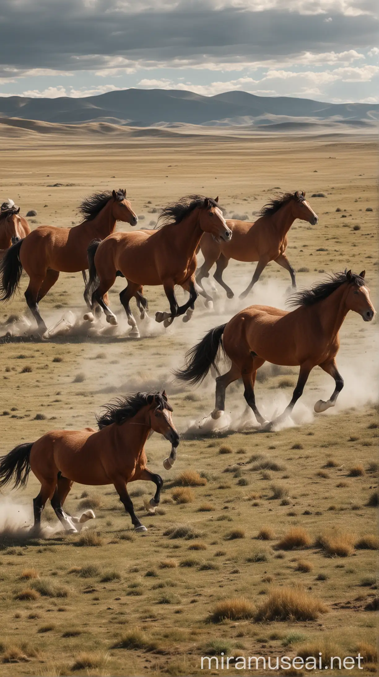 Show a majestic Mongolian landscape with horses running free. hyper realistic