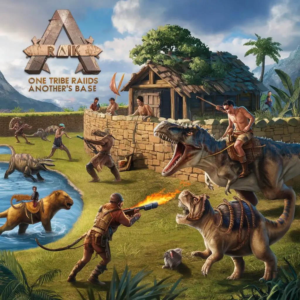 a logo design,with the text "one tribe raids another's base at that base a stone wall around and in the shadow of a wooden hut, near the hut a small tree, under the tree a man on a Ceratosaurus in a roaring pose at attackers. Next to him a man on a Dienonychus with a harpoon gun with gen2 nets is ready to shoot. To the left of the Ceratosaurus a man with a flamethrower is already burning enemies. To the left a lake and from it peeks out a Sarcosuchus head with saddle. The first attackers, a man on a Sumcaph lions runs towards defenders, behind him another rider on a Cryolophosaurus peeks around the corner, and there is also a rider on him. Behind them an Akrakantosaur with helmet defends. And right behind them in the fog a Brachiosaurus can be seen. Next to the Sumcaph, a man runs and shoots from a grenade launcher, and the bullet has already gone towards the defenders. Above the hut, a man raised an alarmed pterosaur.", main symbol:Ark survival evolved,Moderate,clear background