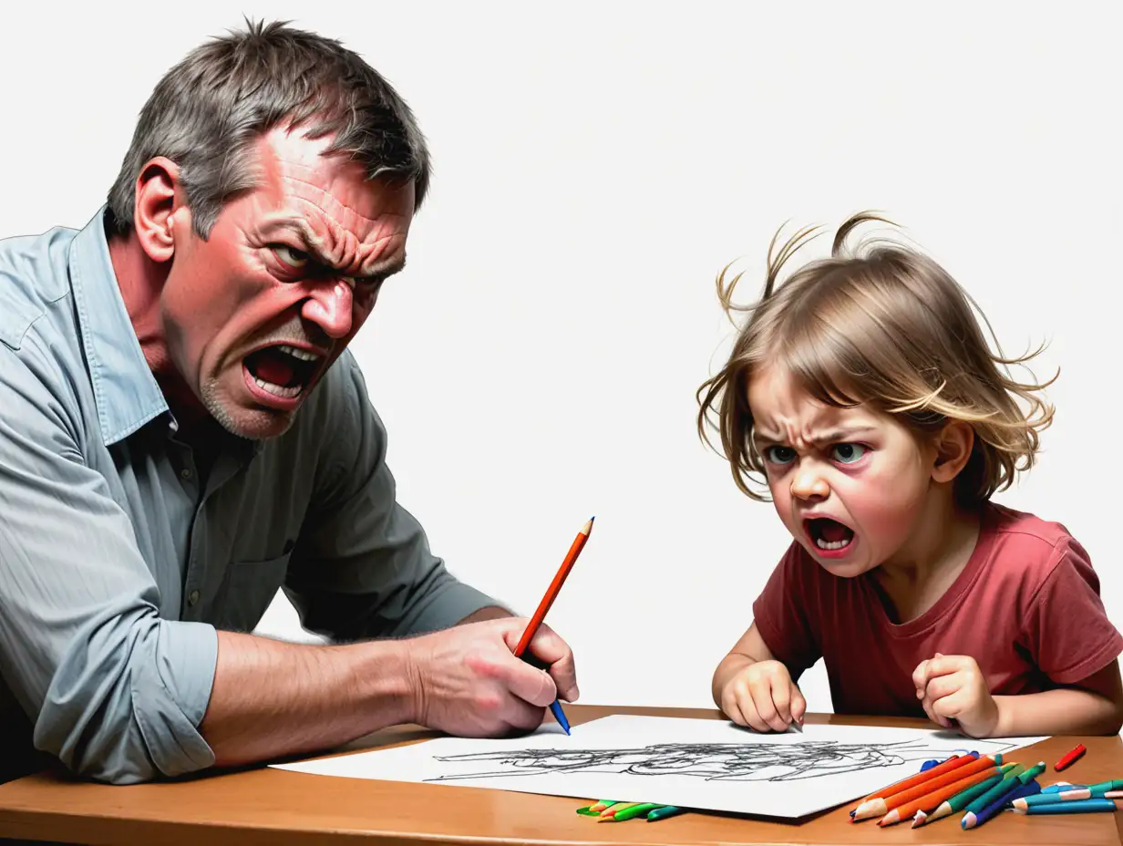 bringing up children, sketching, colored, father getting angry at child