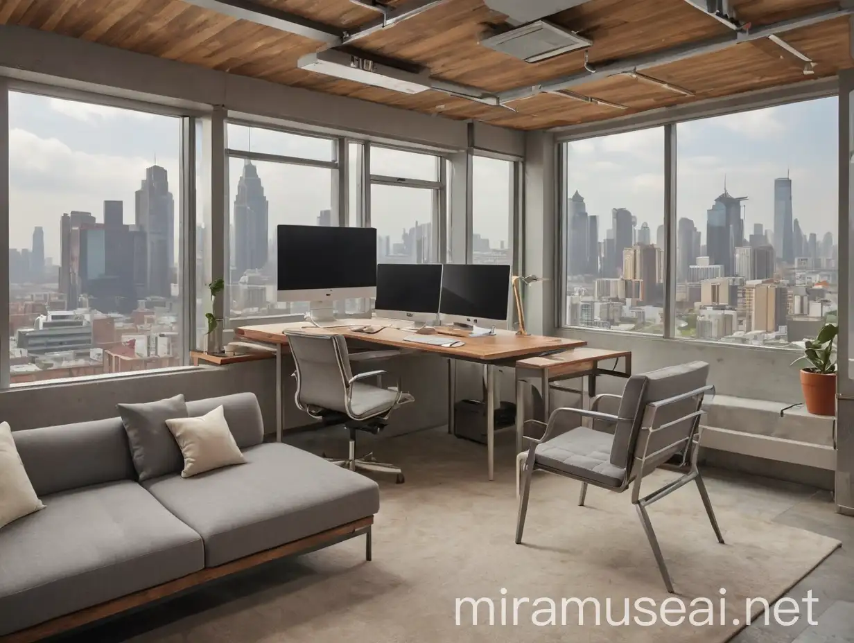 Modern Office Interior Design with Metal Frame Wooden Desks and City View