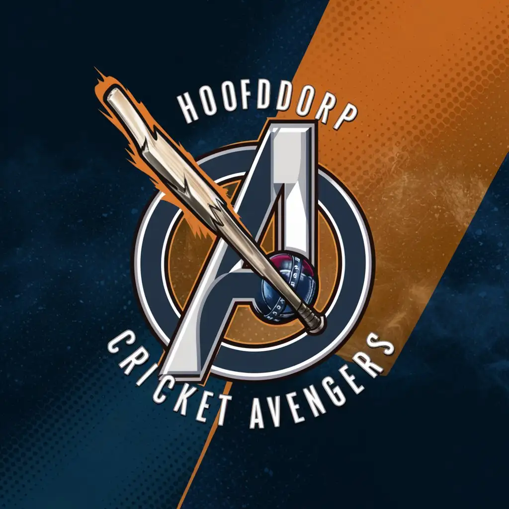 LOGO-Design-For-Hoofddorp-Cricket-Avengers-Cricket-Bat-Ball-with-Avengers-Weapons-on-Dark-Blue-Background