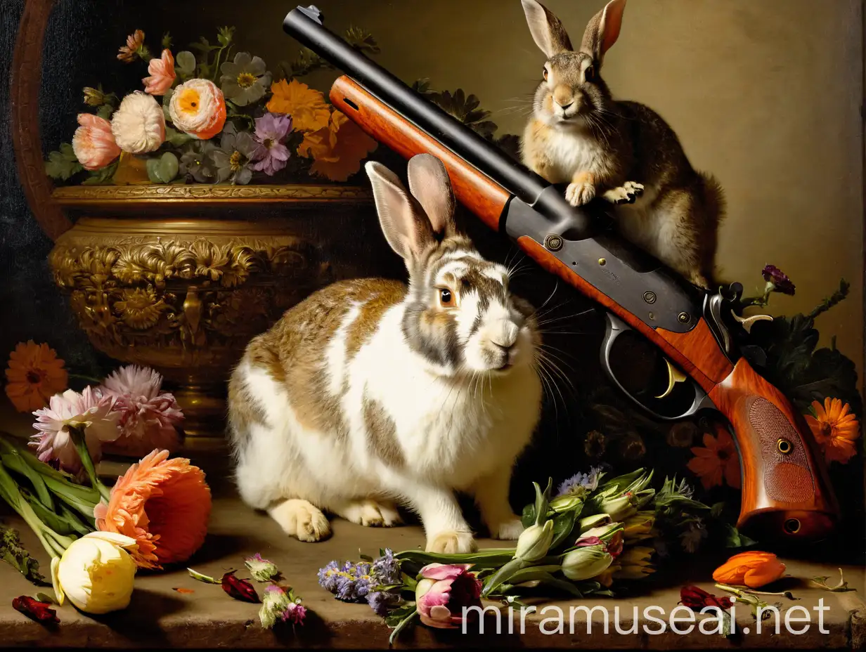 Rembrandt stillife with dead  rabbit , gun and flowers