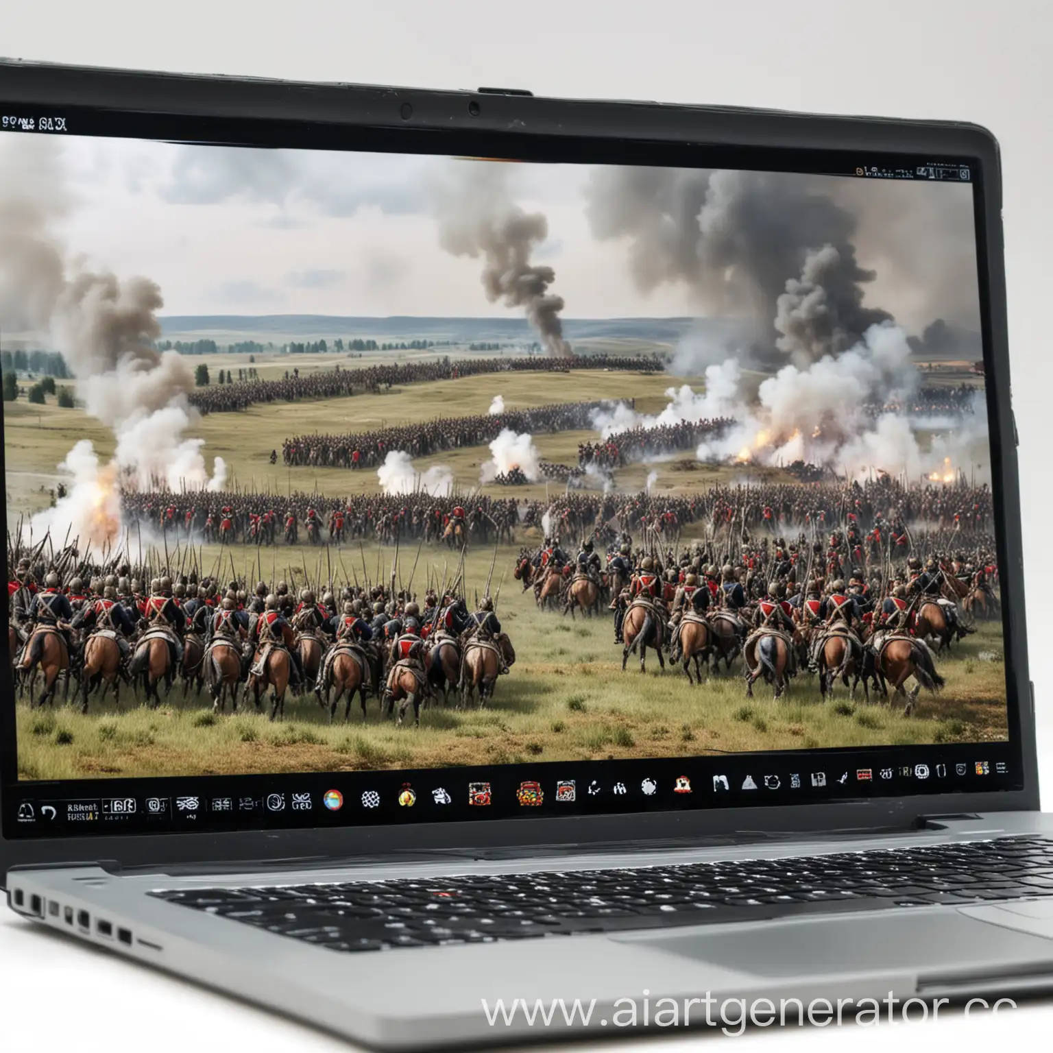 battle panorama, on the laptop screen the Battle of Borodino, on a white background, professional photo, UltraHD