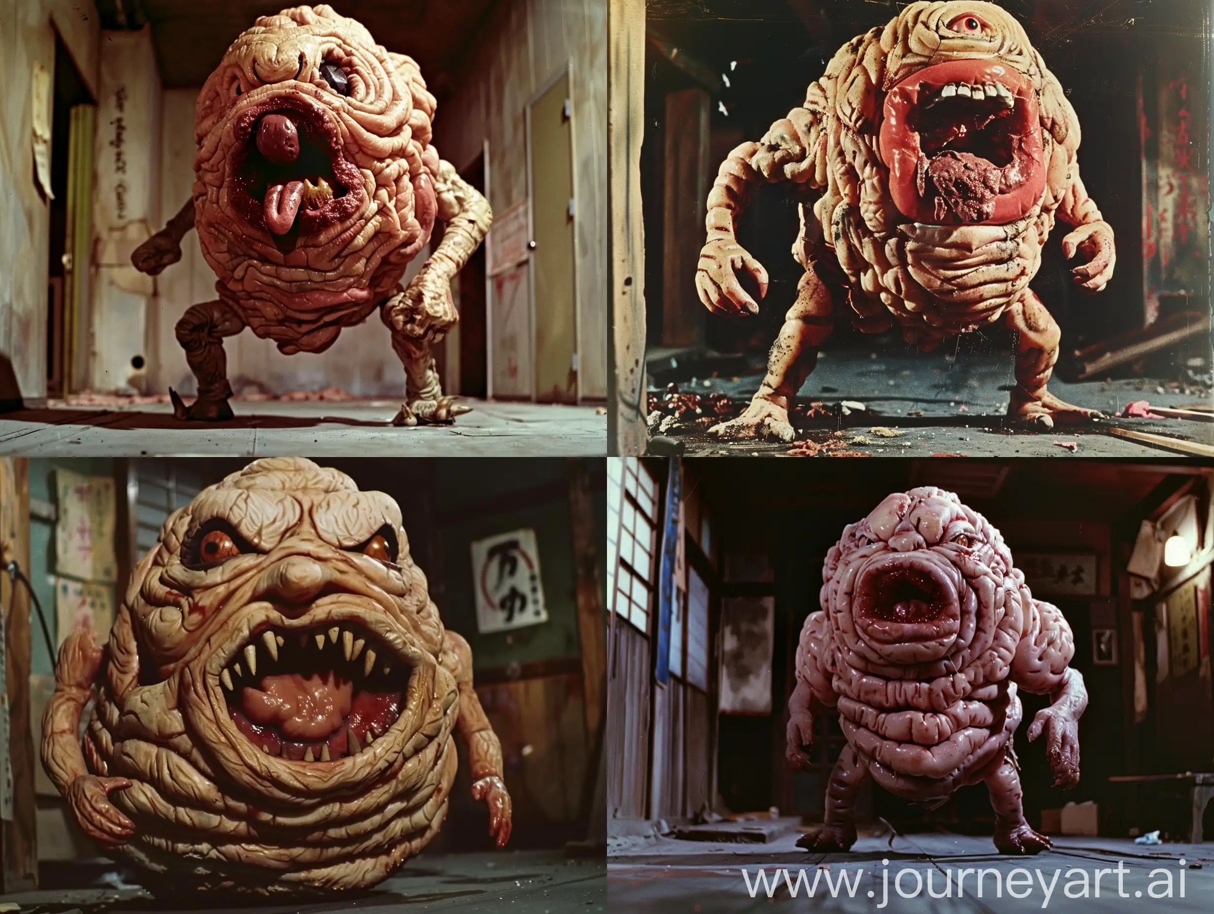 Cinematic panorama of the horror movie of japan in the late night, a yokai, Nuppeppō, It is depicted with indistinguishable wrinkles on its face and body as a one head blob of meat. a monster that's a very wrinkly sweet with four short limbs, forming lips, teeth and a tongue, Japan, 1970, chaos, dilapidation, filth, unsettling
