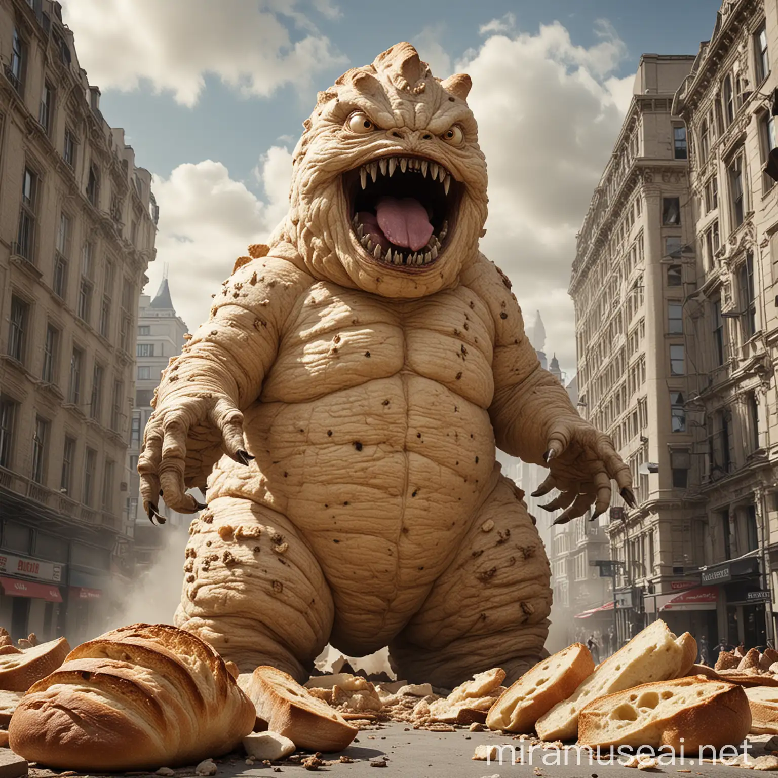 Fat Sourdough Bread Monster Kaiju Destroying Building
