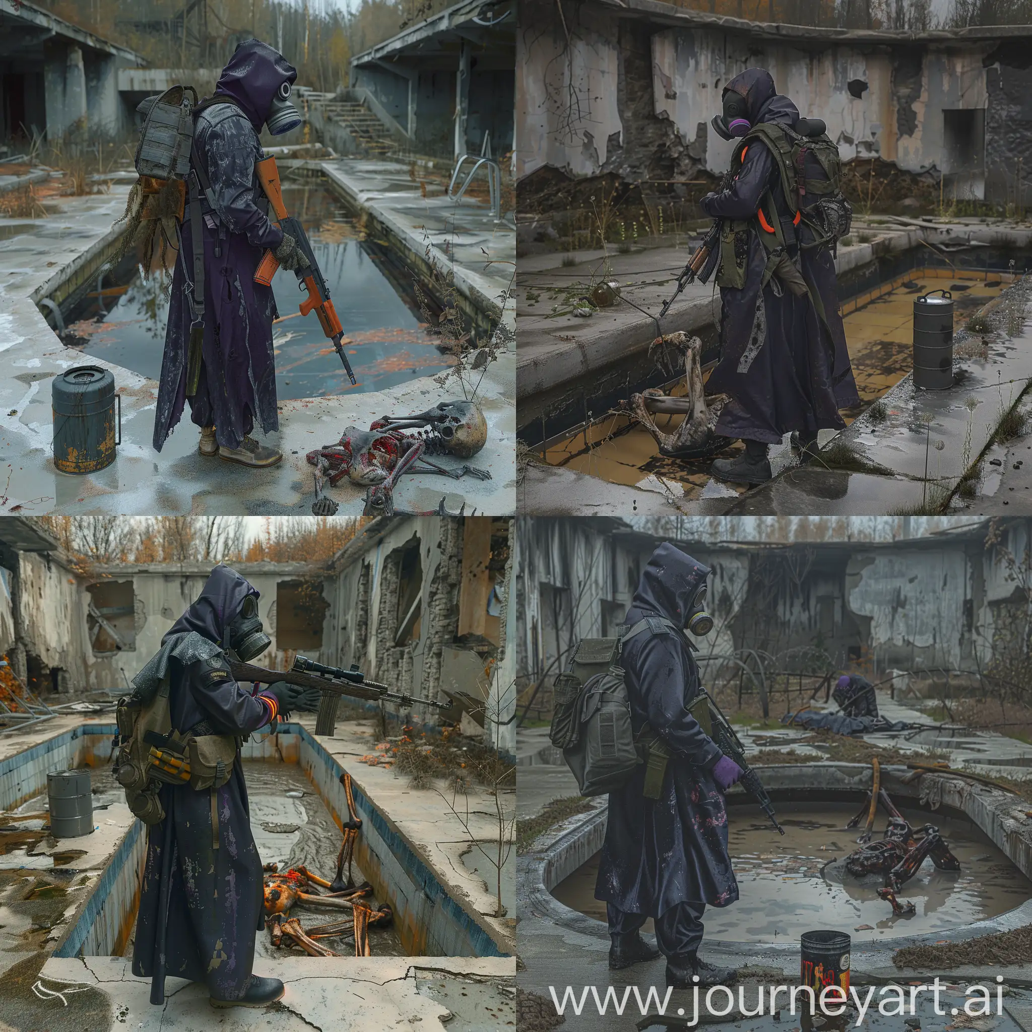 A mercenary in a dark blue recrut uniform, dirty gray raincoat, gasmask on his face, a Dragunov SVD rifle in his hands, a military backpack on his back, a stalker stands inside a Soviet abandoned pool, the pool is dry and there is no water, but 2 burnt and charred bodies are visible to the bones, there is a canister of gasoline nearby, the scene - abandoned Pripyat in Chernobyl, the weather - a gloomy autumn.