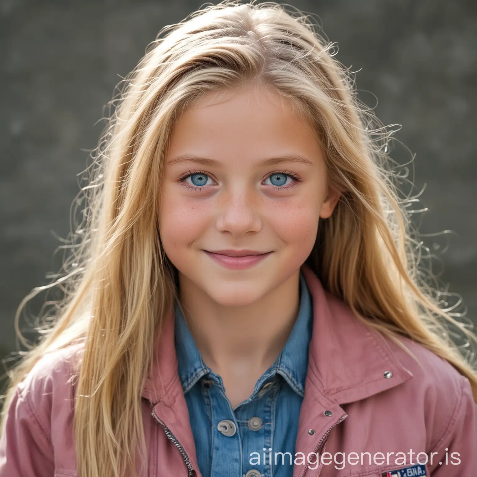 A girl with long dirty blonde hair, blue eyes, wearing a dusty rose jacket,  12 years old, American, slightly smiling