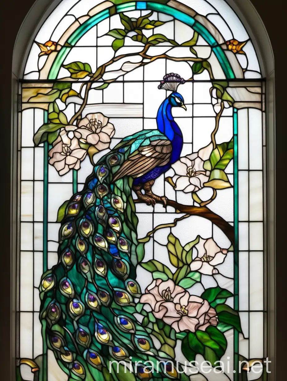 витраж тиффани на двери в ванной, в классическом стиле, птица павлин сидит на ветке цветущего клематиса, из цветного стекла 