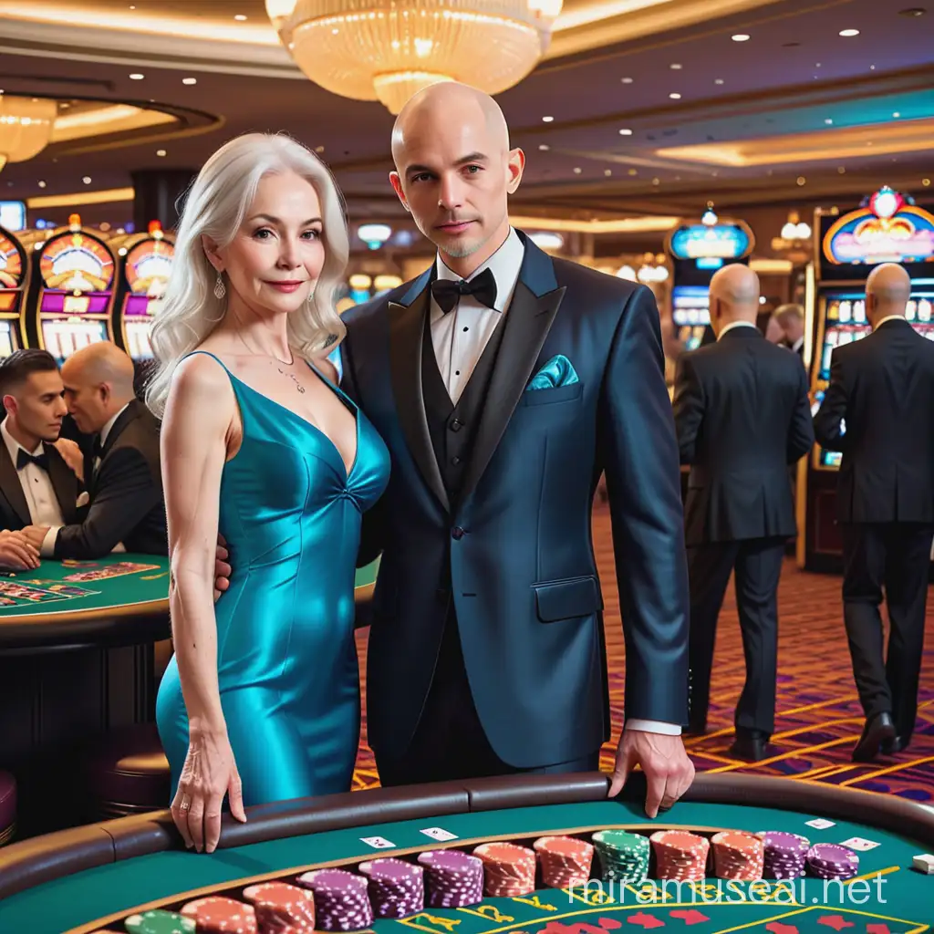 Draws full-body of a couple in a casino: She is an attractive mature woman, beautifully made up, 70 years old, slim, glamorous, with long platinum hair, wearing a satin blue wedding dress. And he is an ATTRACTIVE young white bald shaved-headed man, 29 years old, wearing a black executive suit.