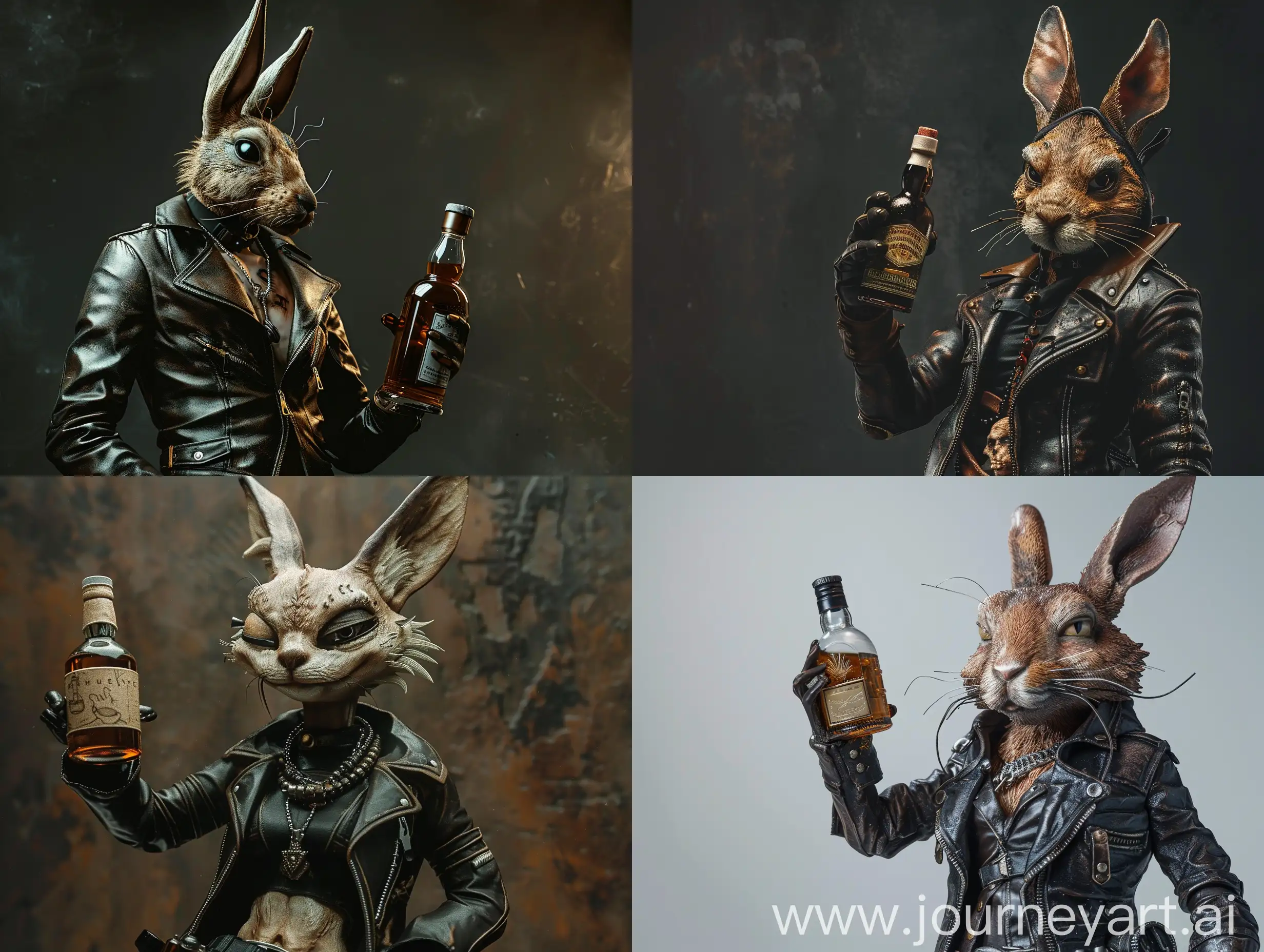 Anthropomorphic-Female-Hare-Biker-with-Antique-Whiskey-Bottle