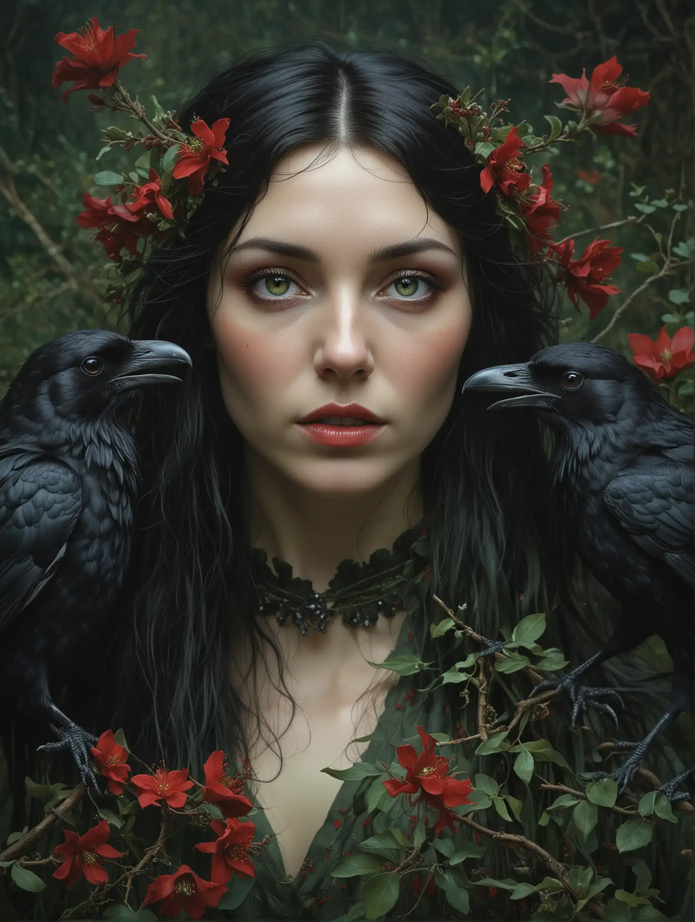 Ophelia, rhiannon, Low saturation colour photography, red and green palette, legendary welsh witch and mystic, black hair, in the legnedary mystical land of the mabinogion, raven, masterful painting in the style of | Marco Mazzoni | Yuri Ivanovich, Todd McFarlane, Aleksi Briclot, oil on canvas, highly detailed