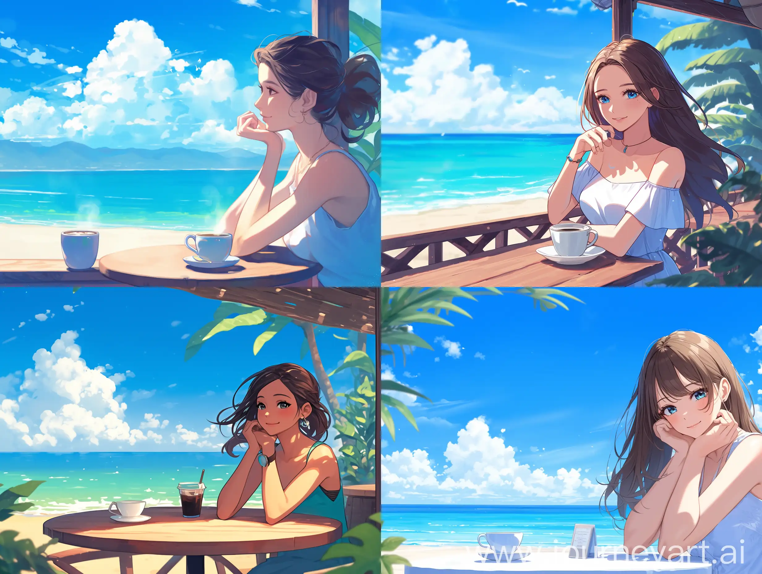 actress in Coffee shop beside the beach, beautiful blue sky and cloud --niji 6