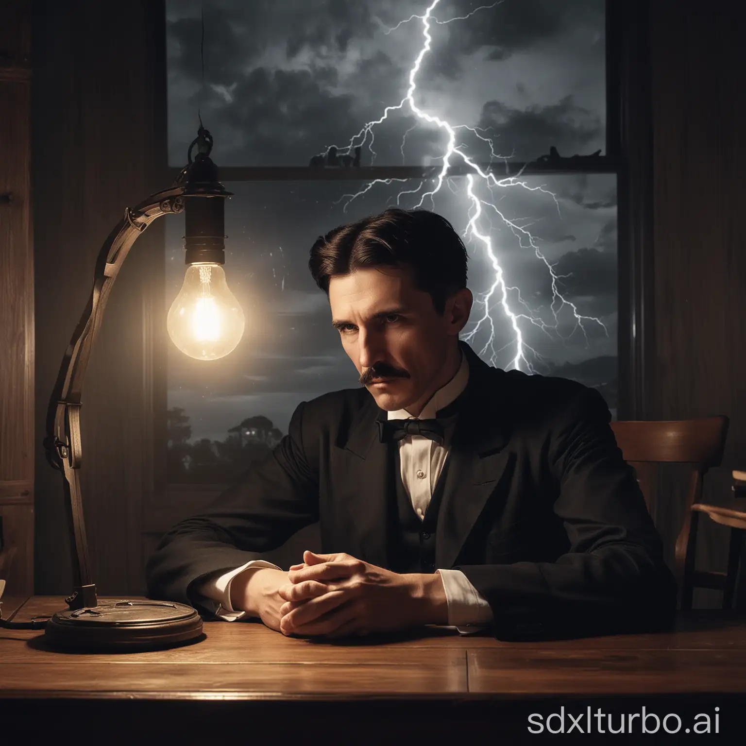 Create a moody and melancholic Discord profile picture featuring Nikola Tesla. Tesla is sitting at a wooden desk in a dimly lit room, with a vintage lamp shining above him. It's night, and outside the window behind him, there is a thunderstorm with lightning flashing. Tesla appears sad and depressed, reflecting the overall somber and gloomy atmosphere. The profile picture should evoke a sense of despair and darkness.