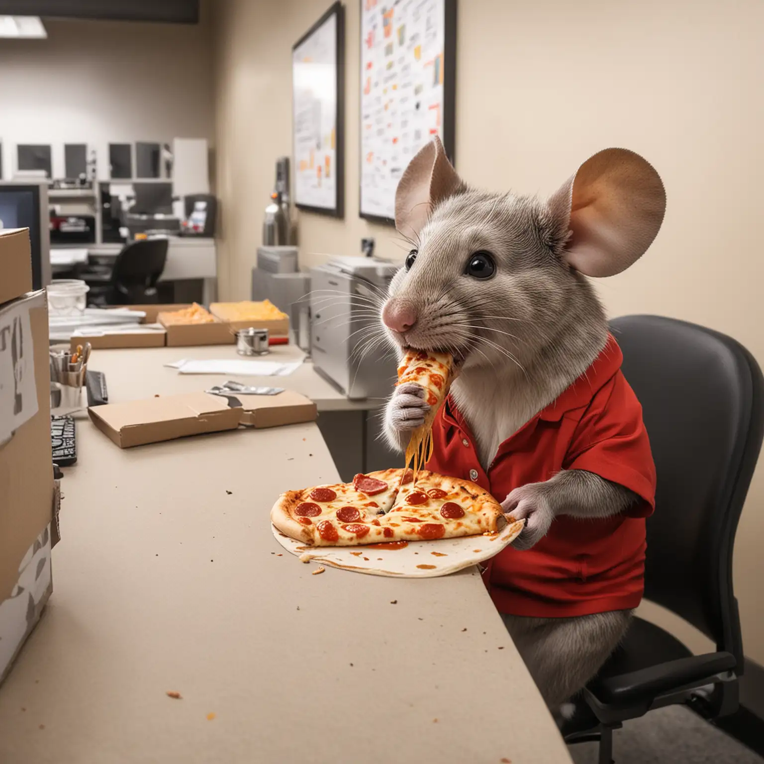 Big mouse in a office breakroom eating pizza
