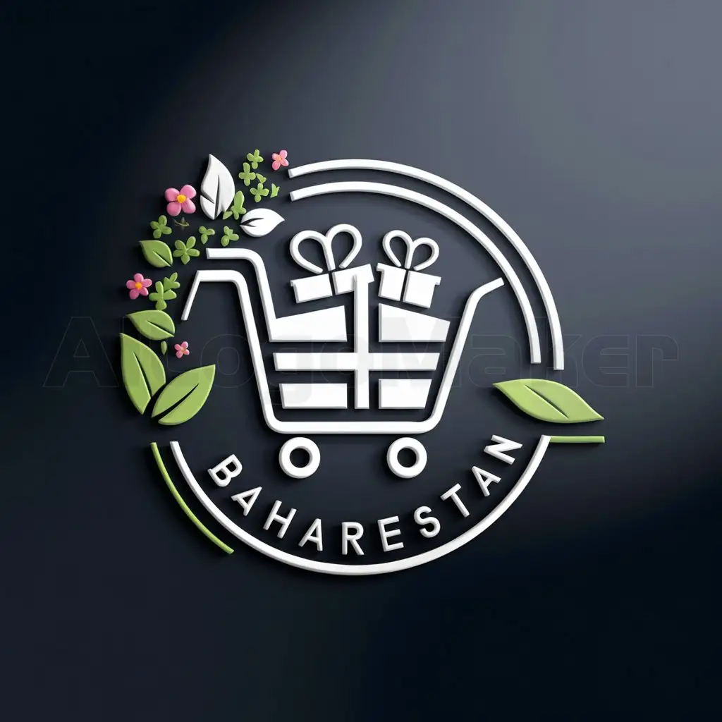 a logo design,with the text "baharestan", main symbol:we need logo , creative , ai , high quality , best logo , shoping , with shop basket , Cart , with Gift items logo,logo of spring leaves and flowers,Moderate,clear background