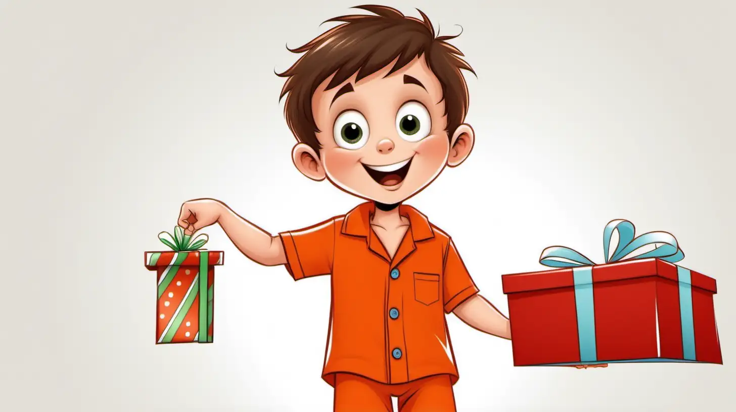 cartoon style little boy in orange short sleeve button collar pj's picking up a present