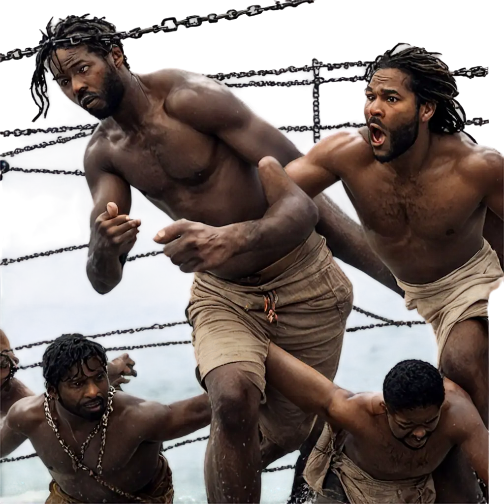 Sessarakoo enduring harsh conditions aboard a slave ship, bound in chains, surrounded by other captives, capturing the grim reality of the Middle Passage." Must be hyper-realistic.