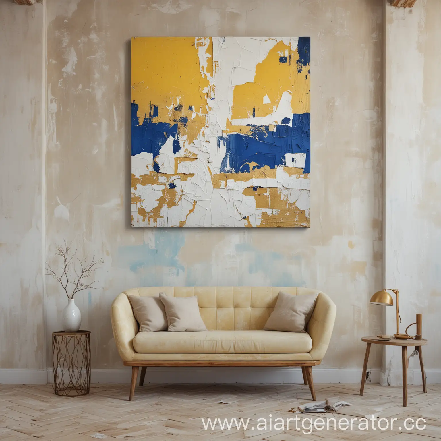 Abstract-Painting-in-Interior-with-Yellow-White-Blue-Colors-and-Old-Plaster-Texture