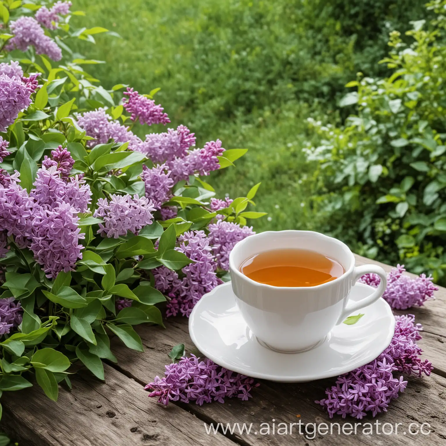 Tea-in-a-White-Cup-on-a-Wooden-Table-in-Nature-with-Lilac-Bushes