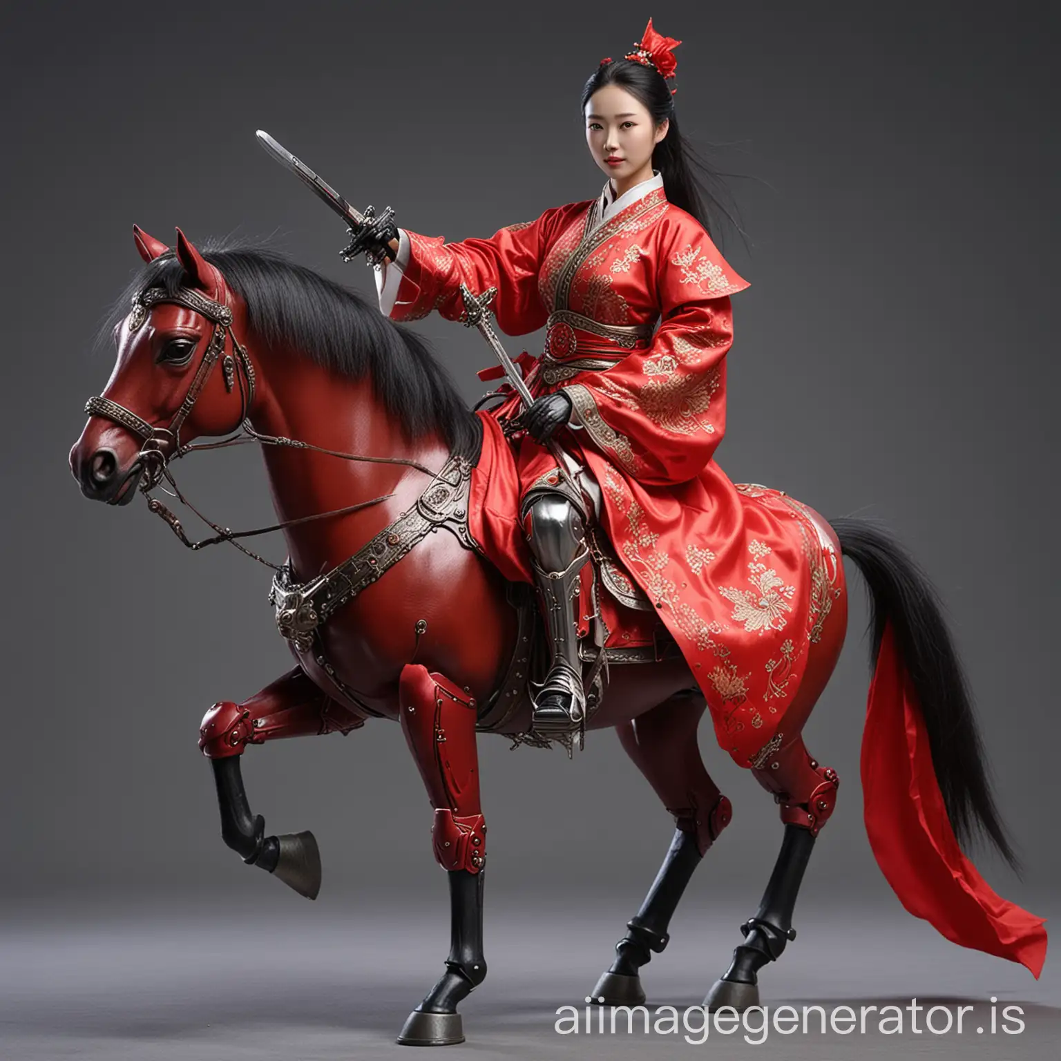 Chinese female robot with red clothes ride horse with sword in hand