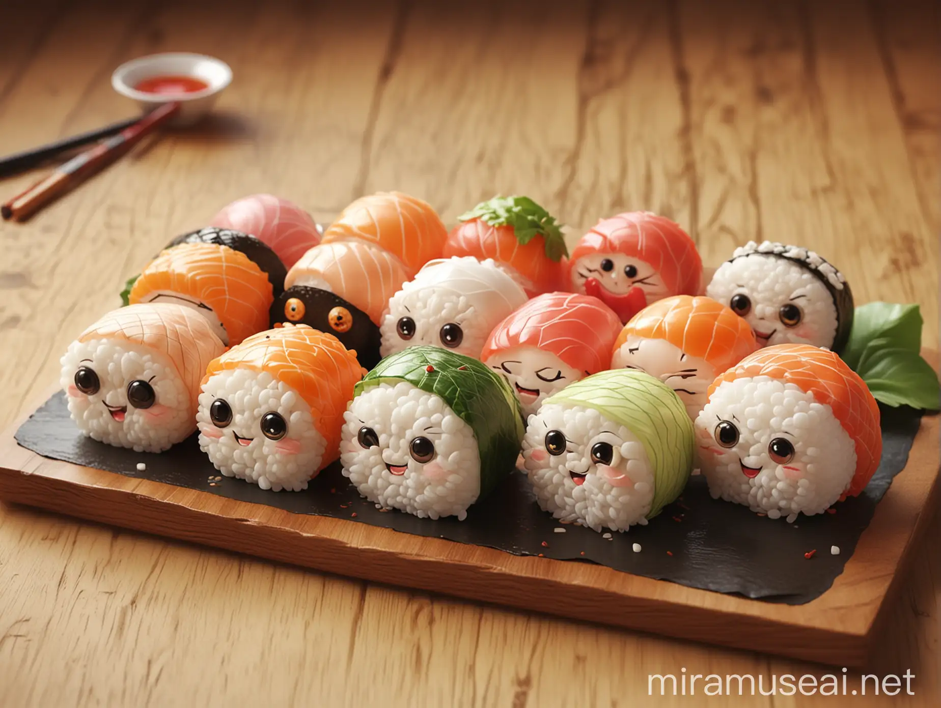 Adorable 3D Render of Cute Sushi Rolls with Faces and Eyes on a Table