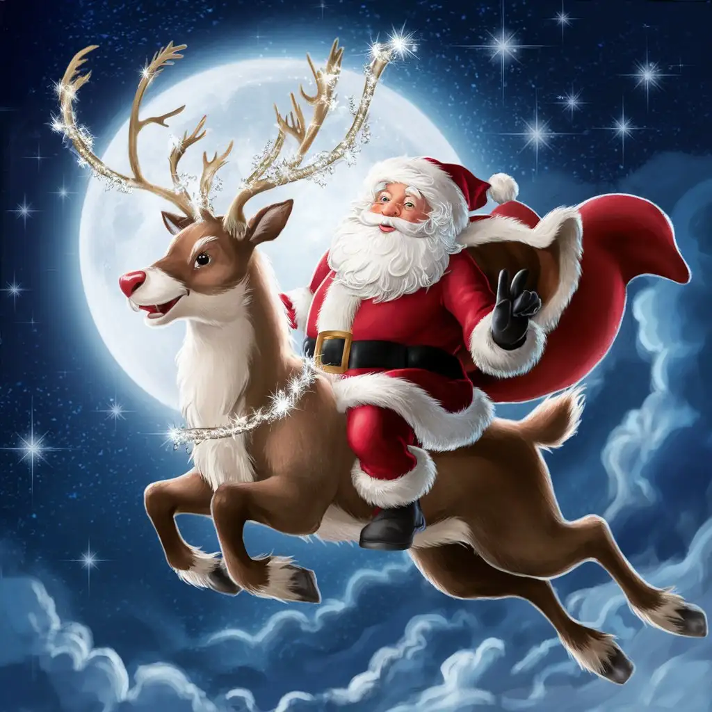 Santa, wie er auf einem glitzernden Flugrentier reitet, der ihn hoch in den Nachthimmel trägt, wo die Sterne seine einzigen Begleiter sind.