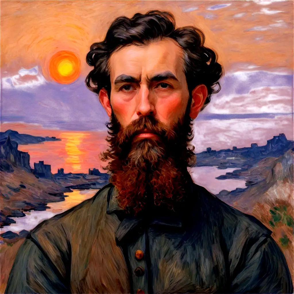 portrait d'un homme du 19 ème siècle barbu à la manière de monet, avec un décor de soleil couchant
 