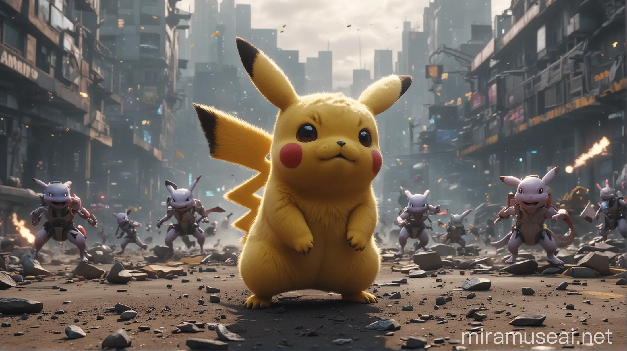 half cyberpunk pikachu pokemon, ultra realistic, in a battle field with mewtwo and ash cheering with confidence, volumetric place, octane render, 8k resolution
