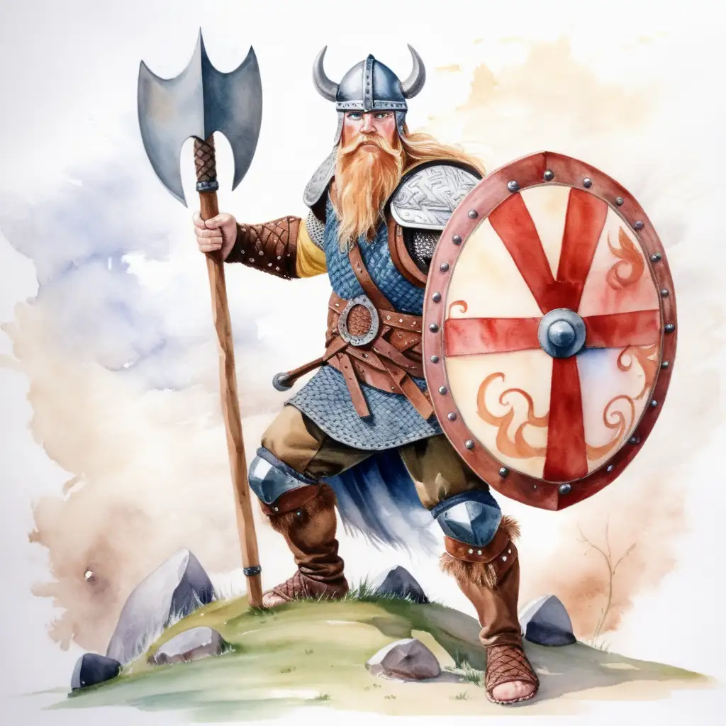 Viking Warrior Holding Shield and Lance in Watercolor Portrait