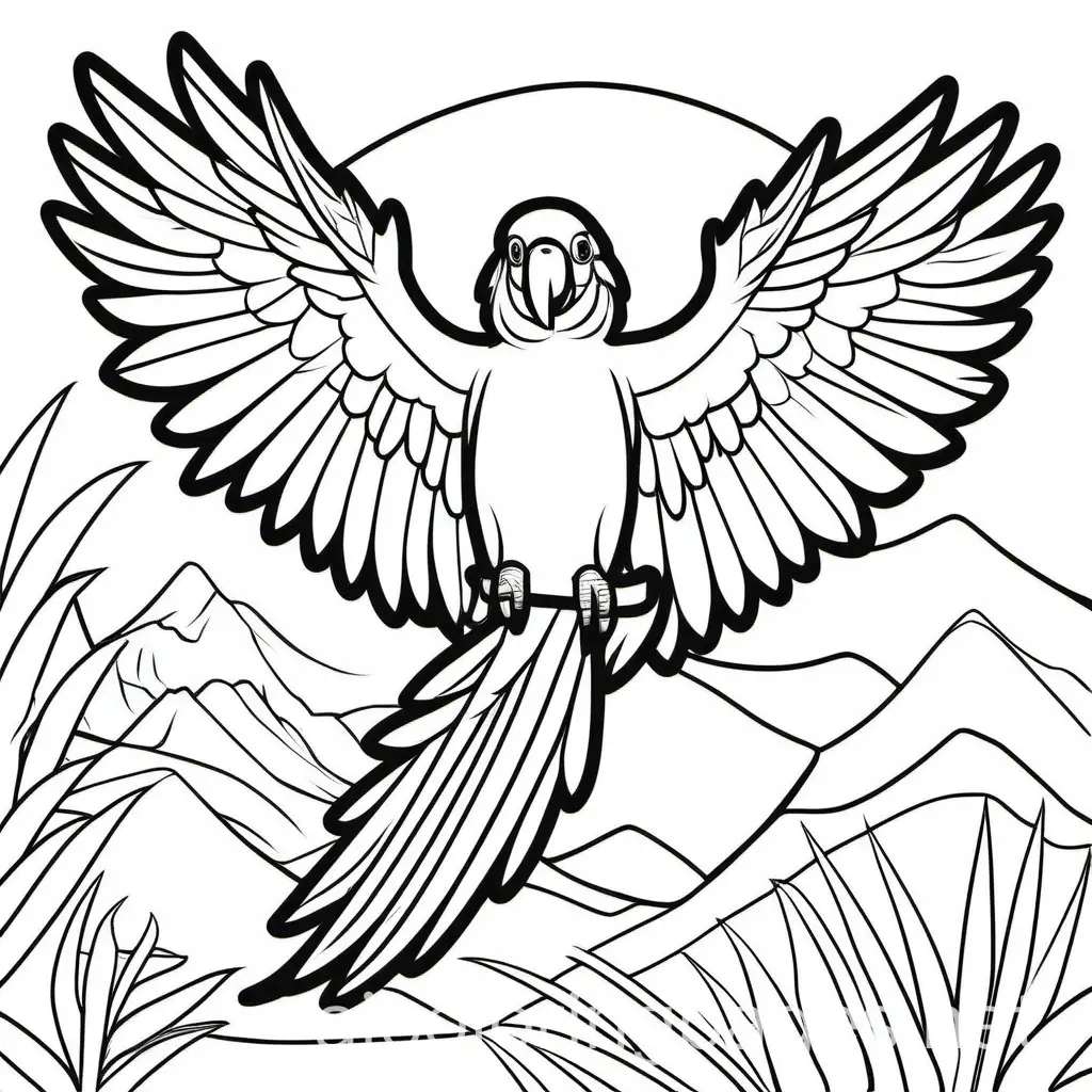 parrot flying

, Coloring Page, black and white, line art, white background, Simplicity, Ample White Space. The background of the coloring page is plain white to make it easy for young children to color within the lines. The outlines of all the subjects are easy to distinguish, making it simple for kids to color without too much difficulty