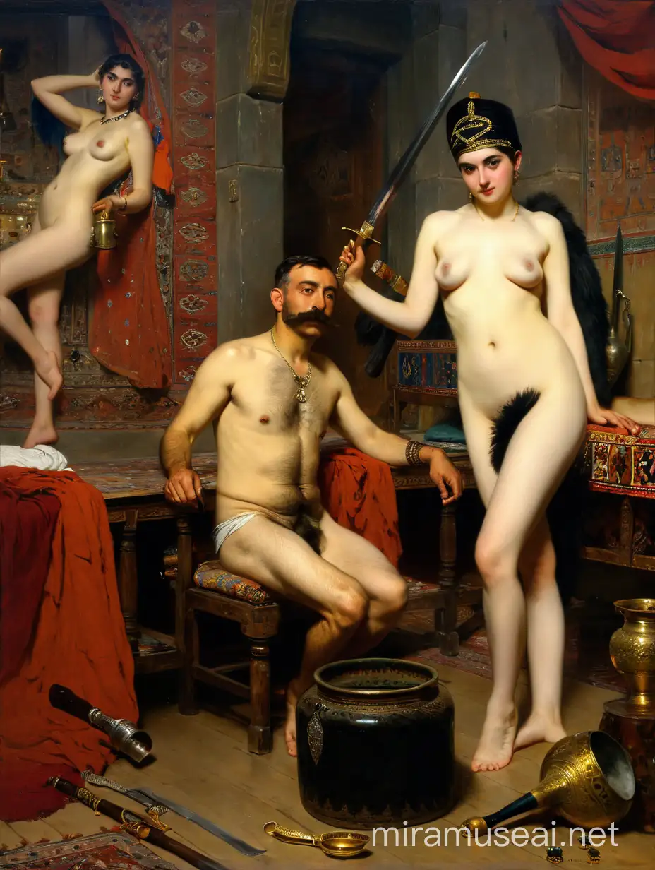 Naked Odalisque and Military General in Harem Orientalist Scene with Persian Carpet and Antique Utensils